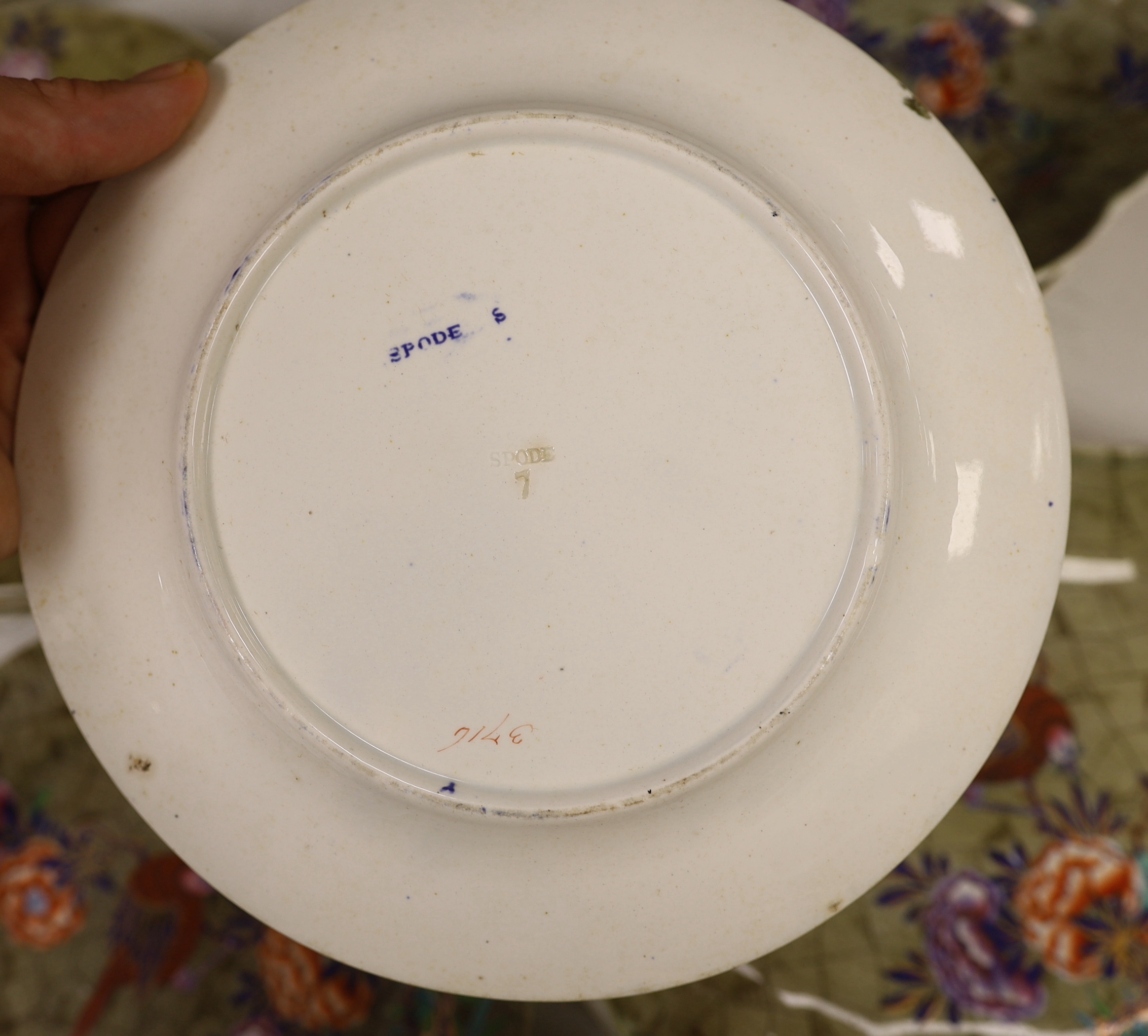 A Spode ‘Tumbledown Dick’ part dessert service, early 19th century, decorated with birds and flowers